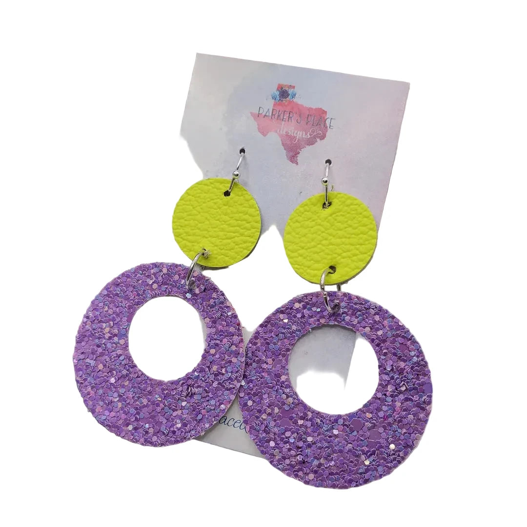 Purple and Neon Yellow Rounds Drop Earrings