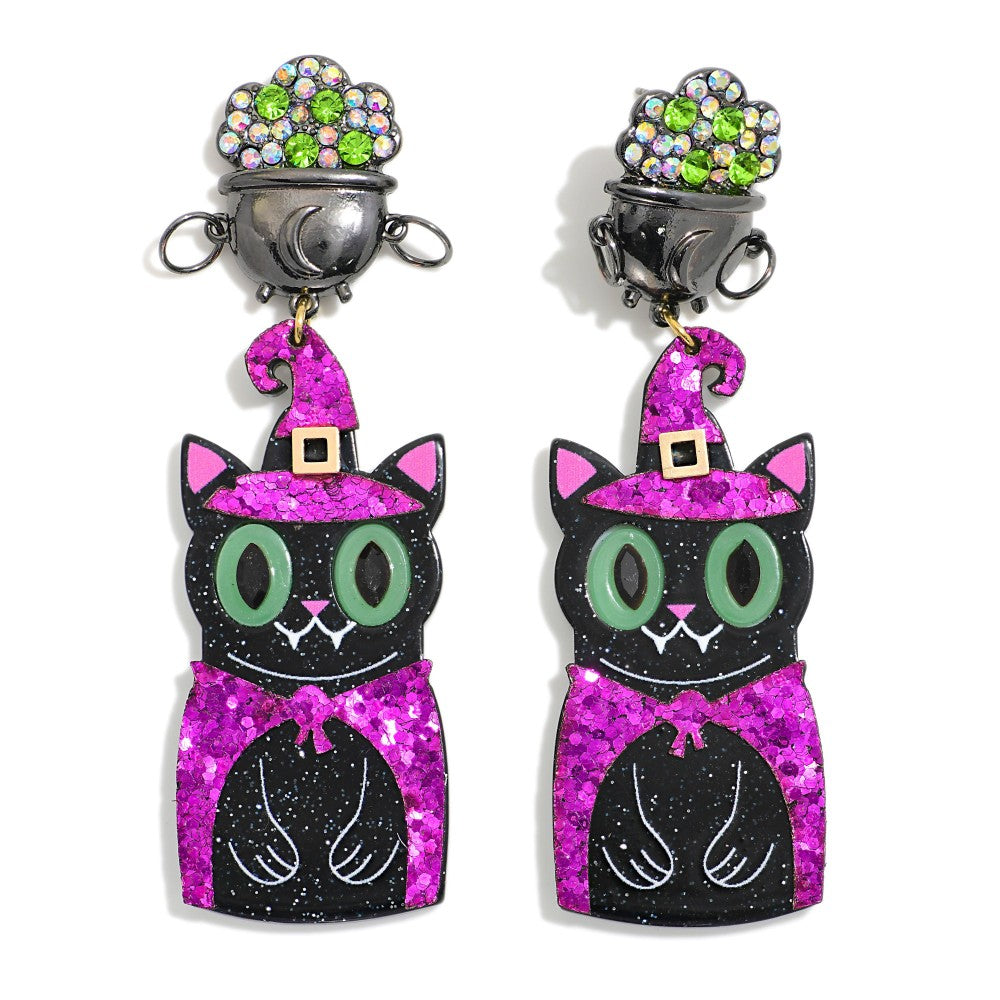 Rhinestone Cauldron Witch Cat Drop Earrings