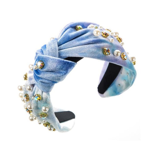 Rhinestone And Pearl Headband Blue Tie Die