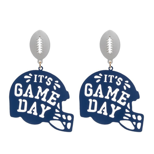 Stamped 'It's Game Day' Football Helmet Drop Earrings