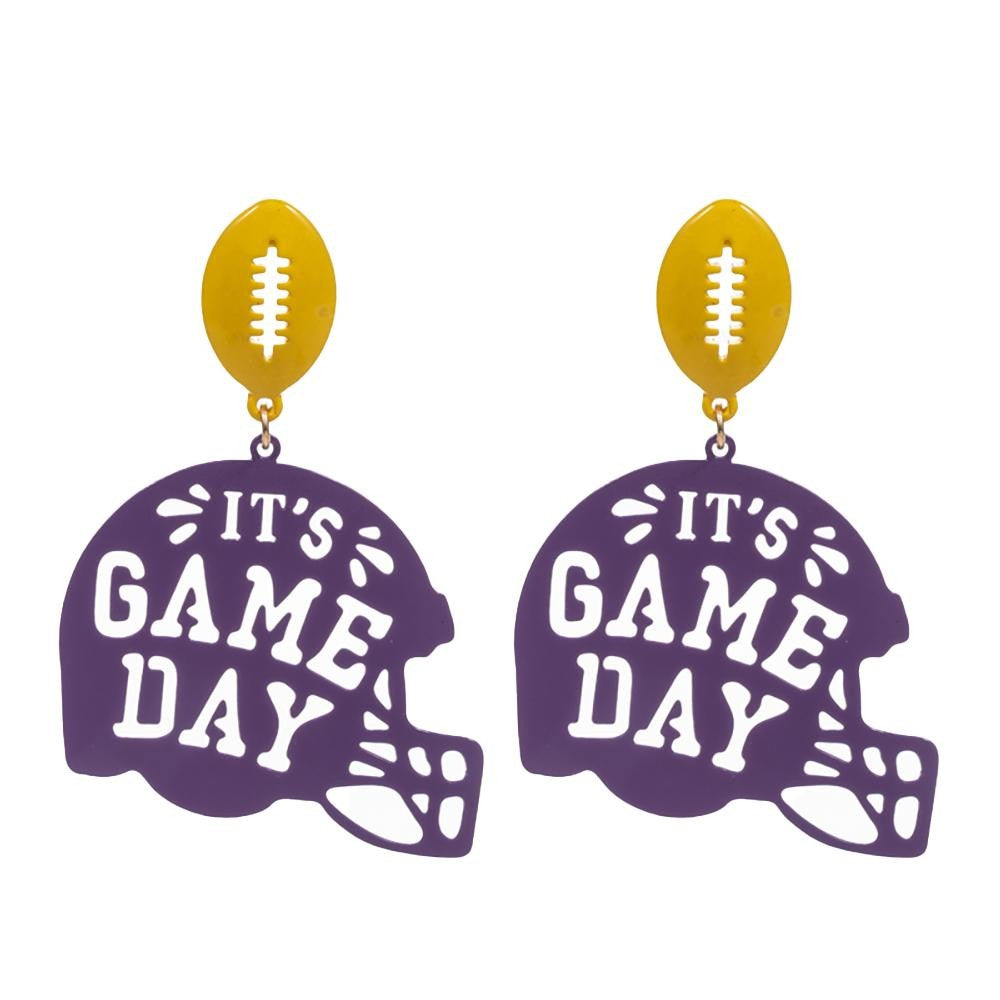 Purple Stamped 'It's Game Day' Football Helmet Drop Earrings