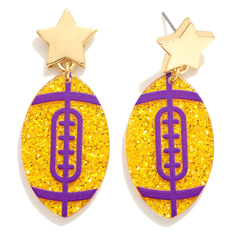Glitter Acetate Football Drop Earrings Featuring Gold Tone Star Posts