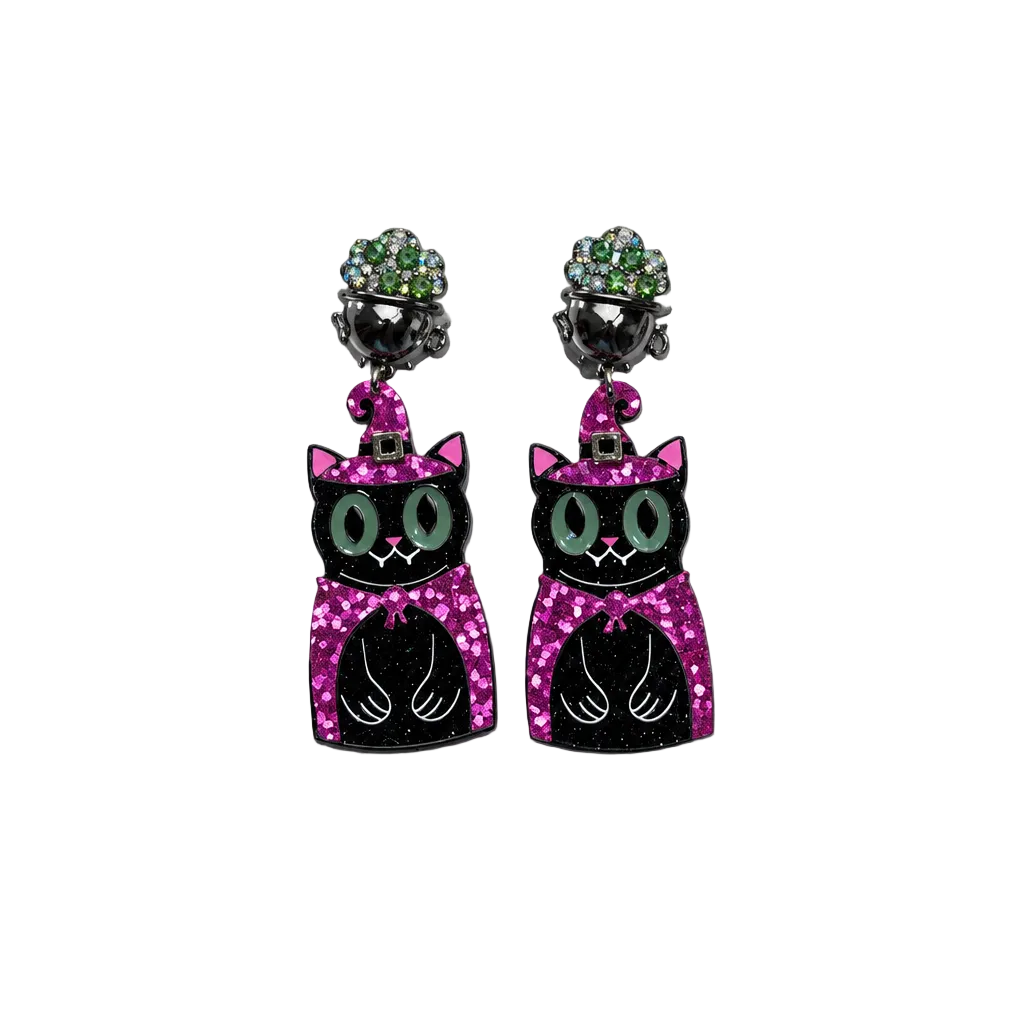 Glitter Witch Cat Drop Earrings