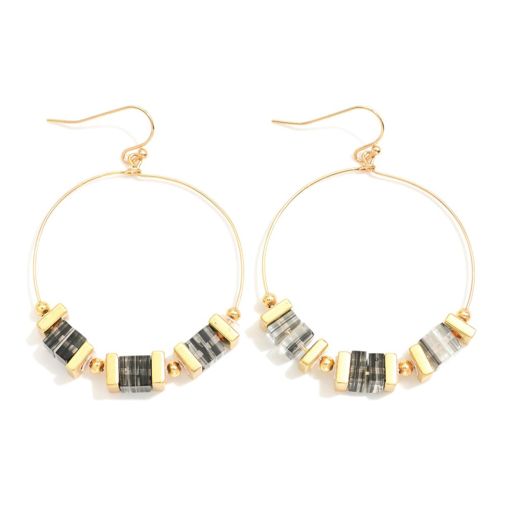 Stone & Metal Beaded Drop Hoop Earrings