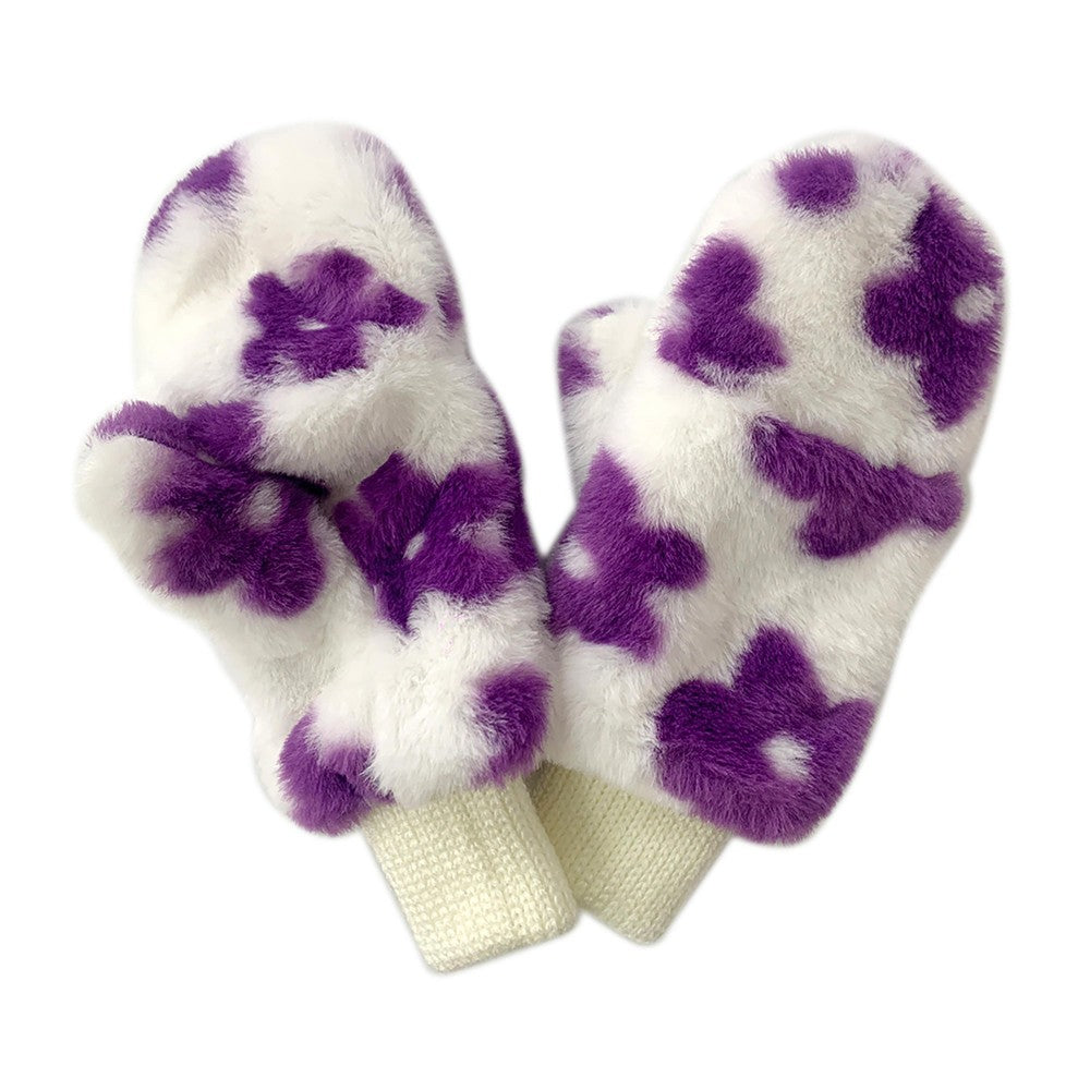 Faux Fur Flower Print Mittens With Fold-Over Finger Covering.