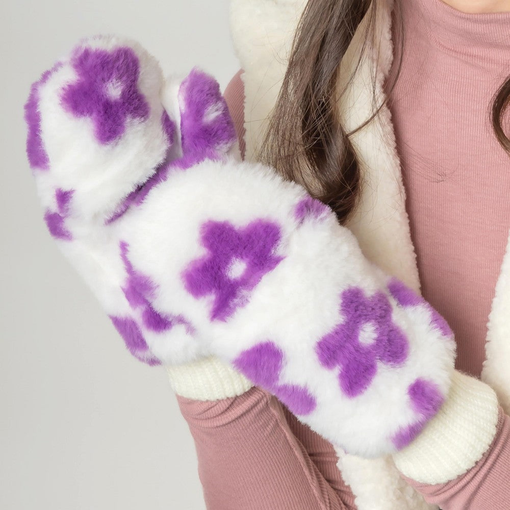 Faux Fur Flower Print Mittens With Fold-Over Finger Covering.