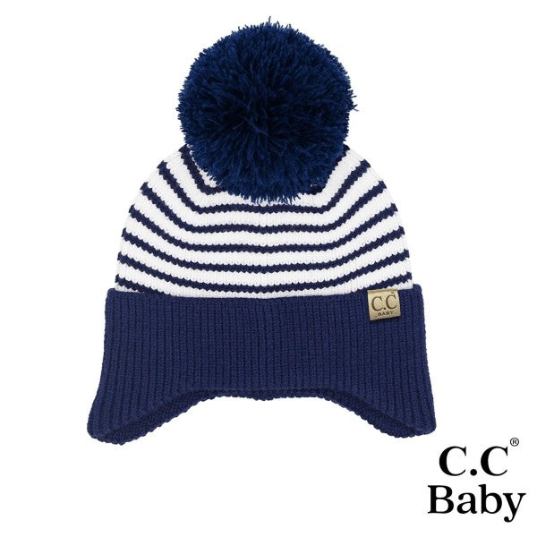 C.C  Baby Stripe Earflap Yarn Pom Beanie