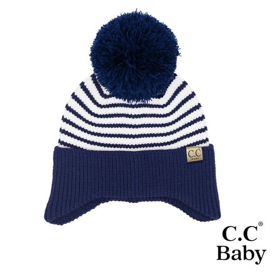 C.C  Baby Stripe Earflap Yarn Pom Beanie