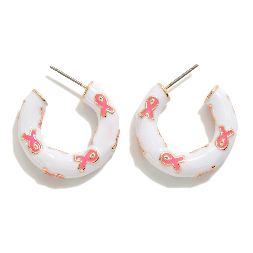 White Pink Ribbon Earrings