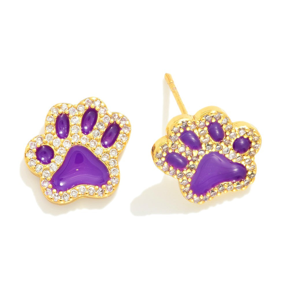 Gold Dipped Cubic Zirconia Paw Print Stud Earrings