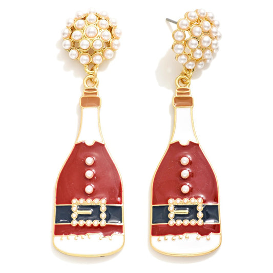 Enamel Santa Champagne Bottle Post Drop Earrings Featuring Pave Pearl Post