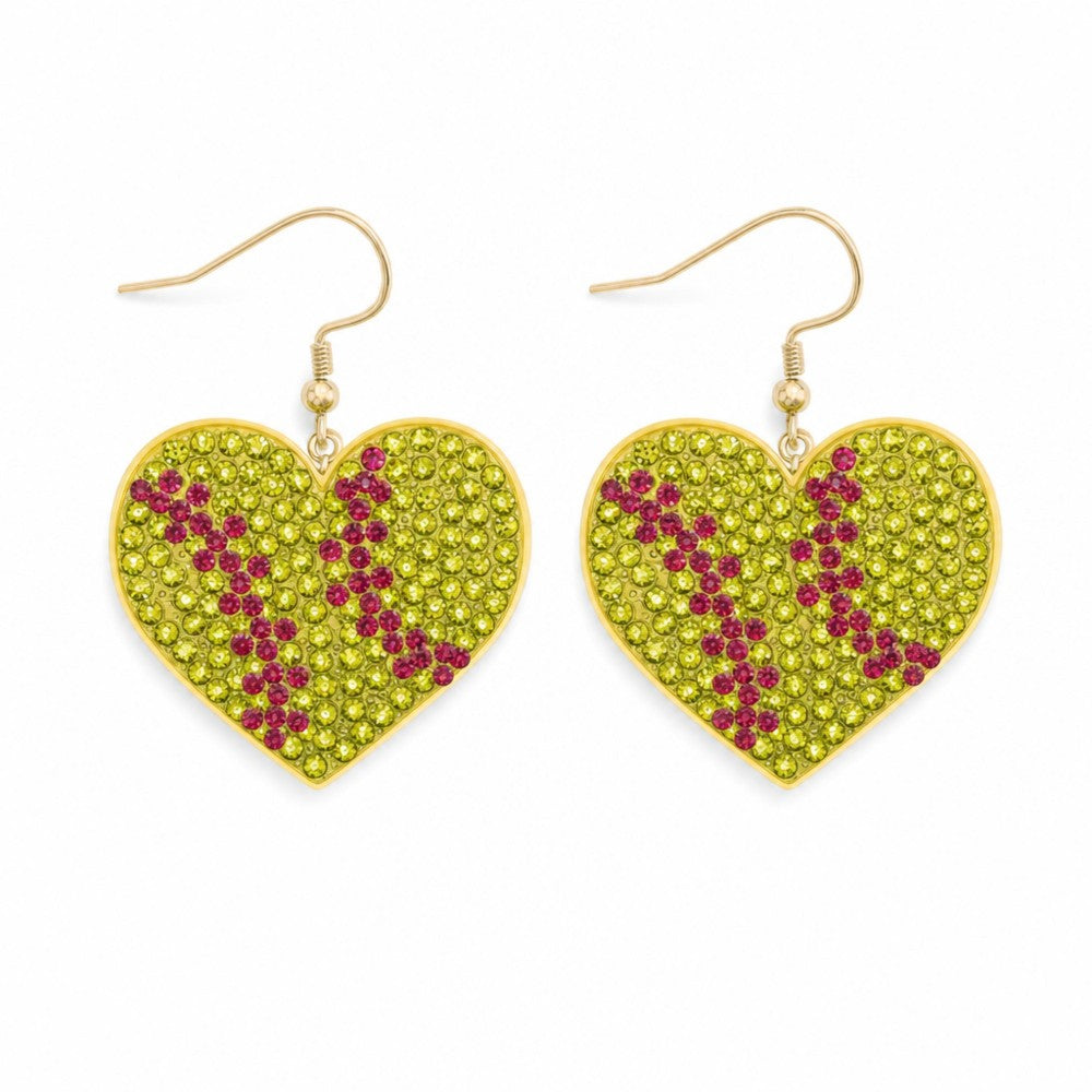 Softball Heart Rhinestone Drop Earrings