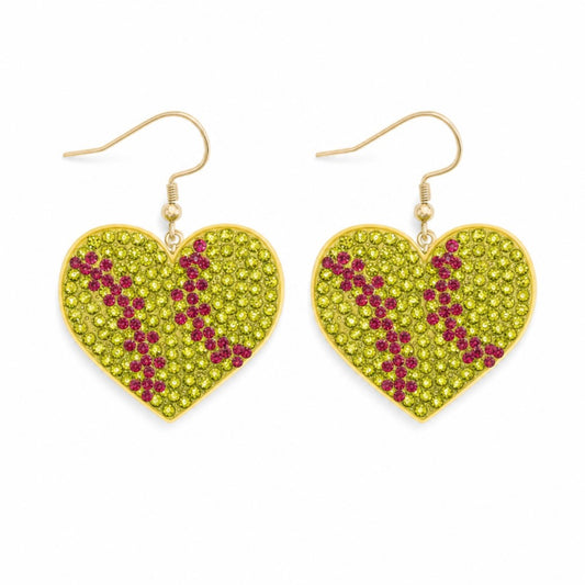Softball Heart Rhinestone Drop Earrings
