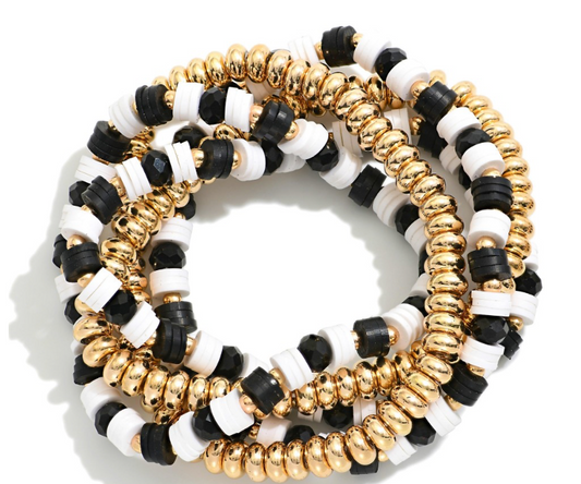 Black, White and Gold Bedded Braclets Pack of 5